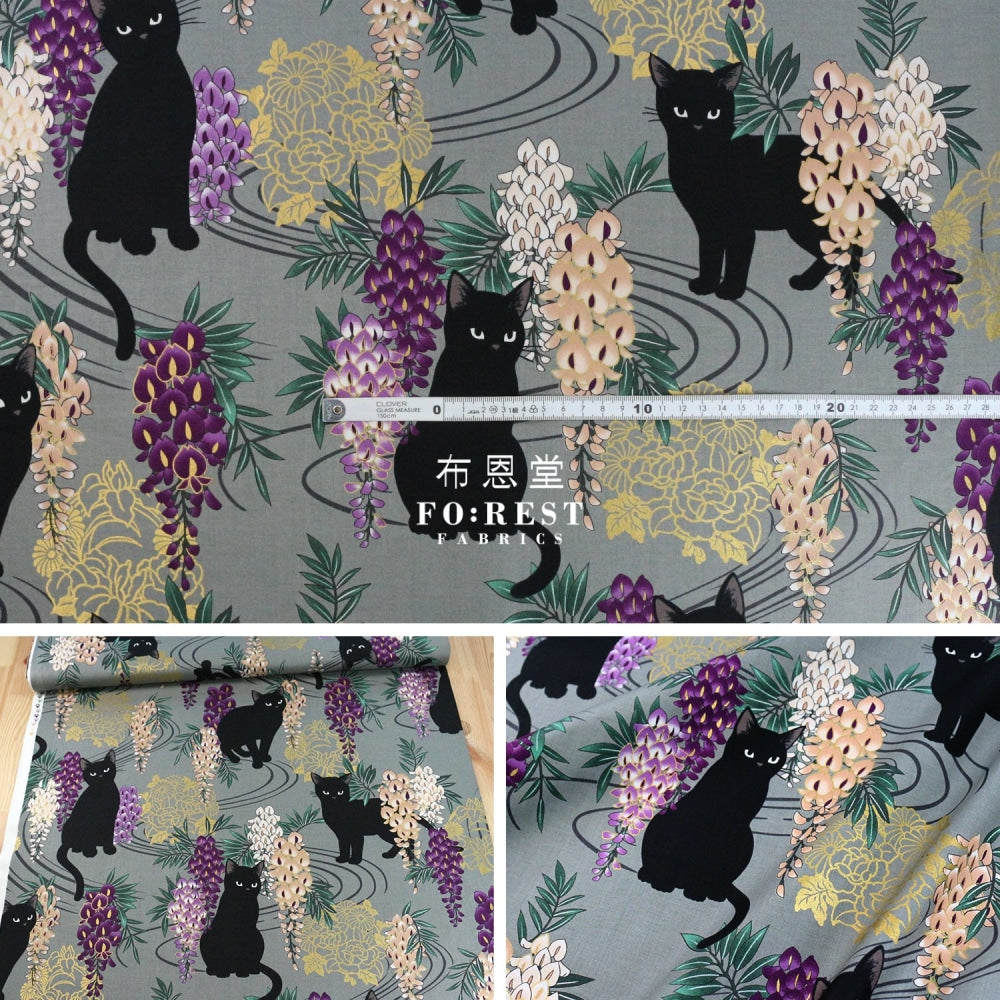 Quilt Gate - Cotton Wisteria Flower Cats Fabric Moss
