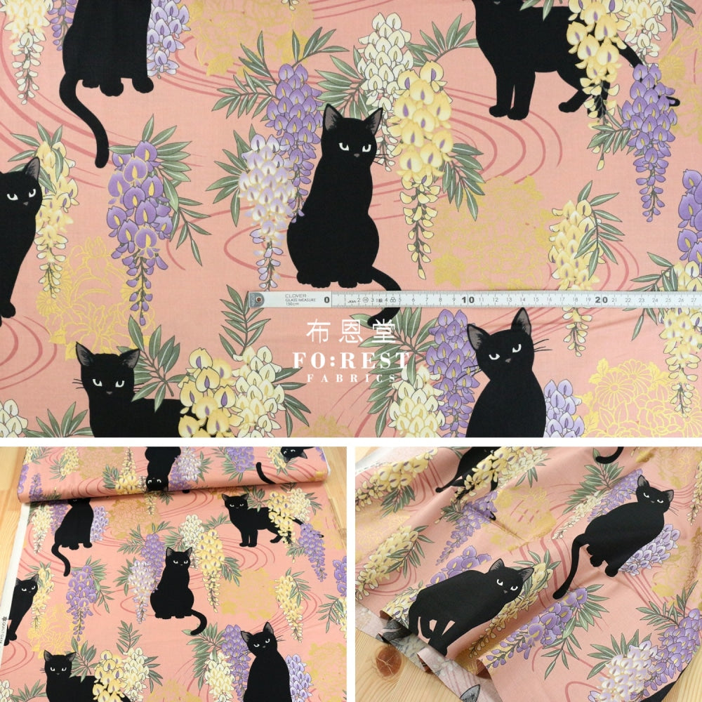 Quilt Gate - Cotton Wisteria Flower Cats Fabric Pink