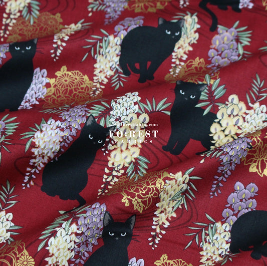 cotton - Wisteria flower cat fabric Wine