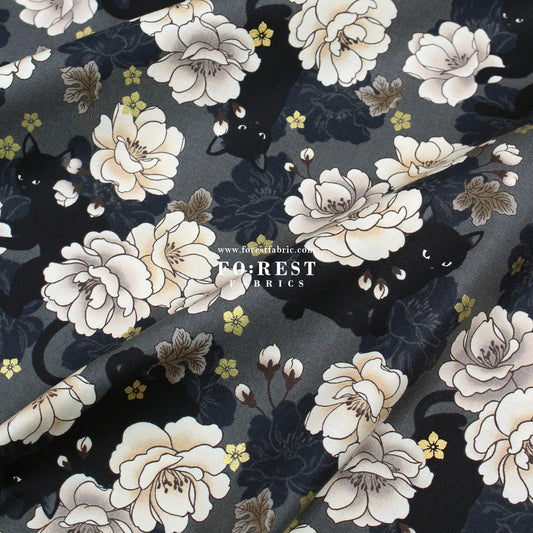 cotton - Peony cat fabric Black