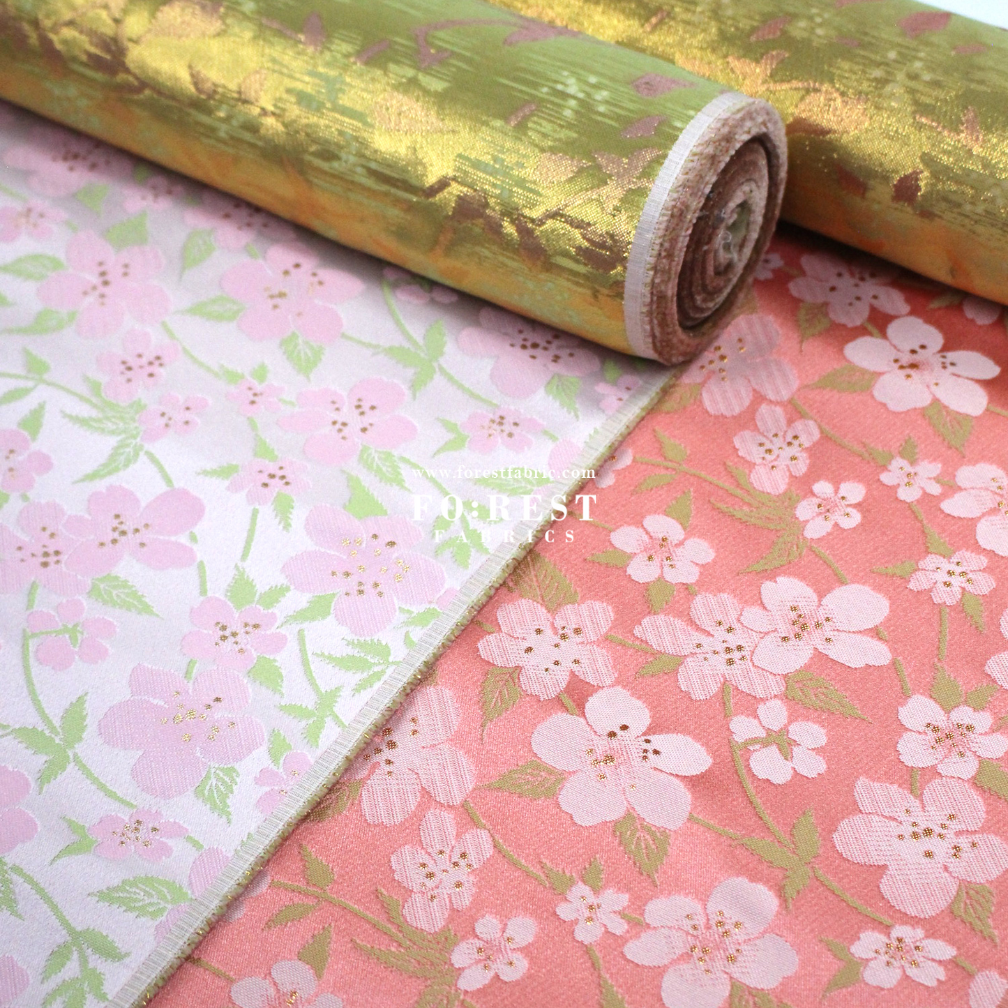 Gold Brocade - sakura fabric Light Pink