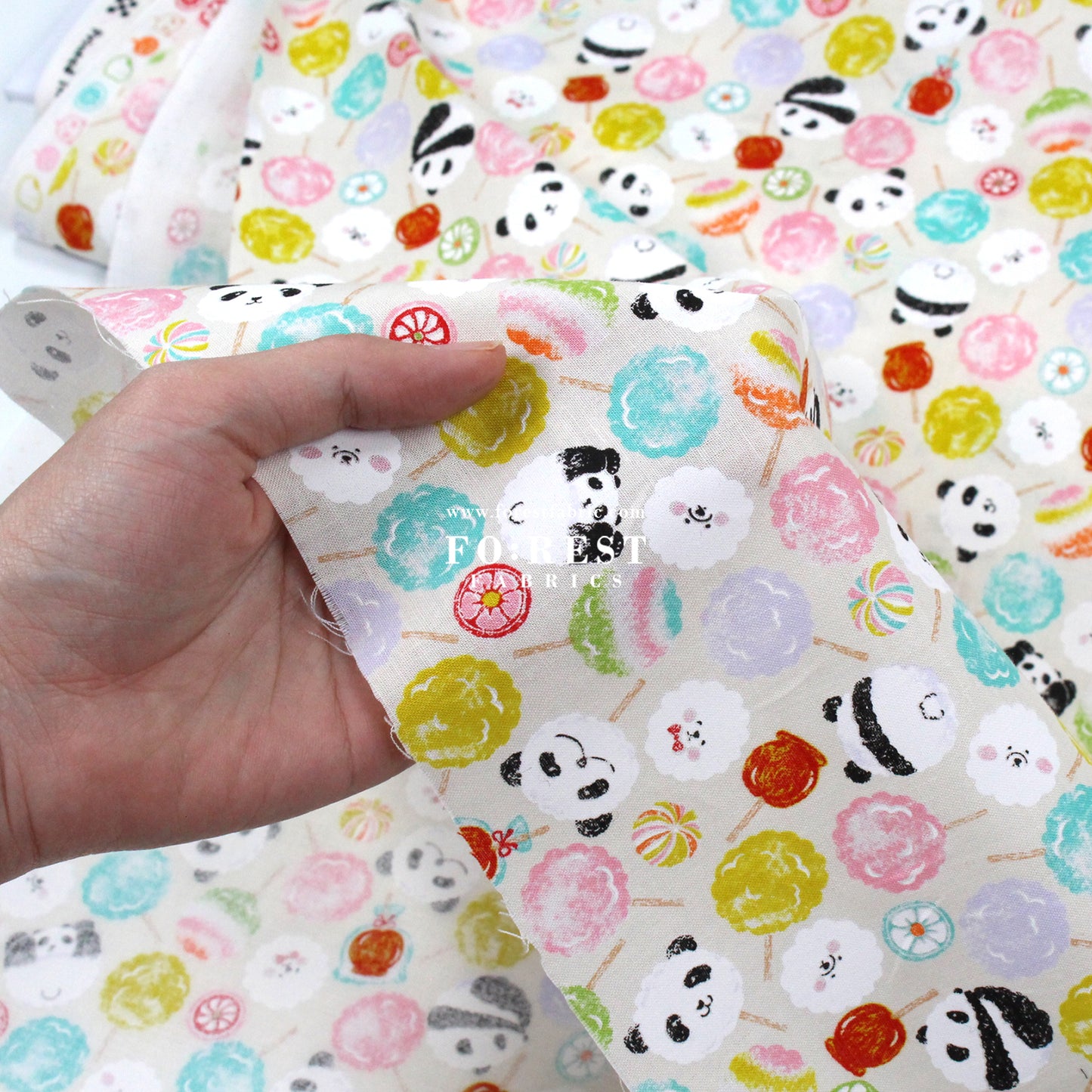 cotton - Panda Poodle Candies fabric Natural