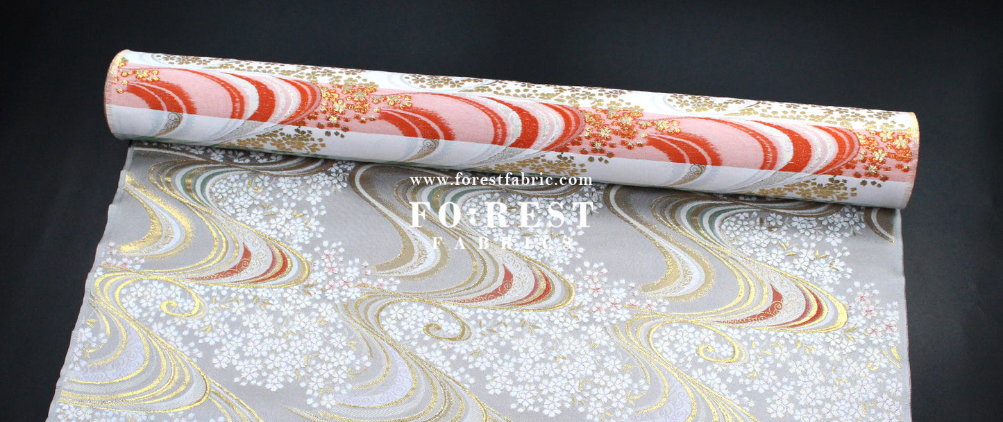 Gold Brocade - Sakura river Milky Gray fabric
