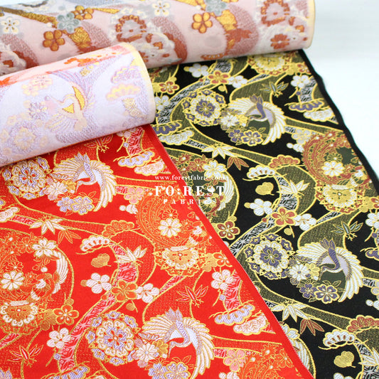 Gold Brocade - Crane sakura river fabric