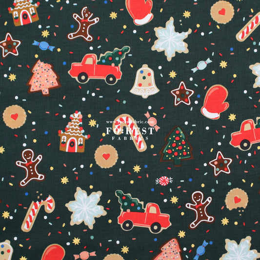cotton - Christmas Cookies Evergreen Metallic Fabric