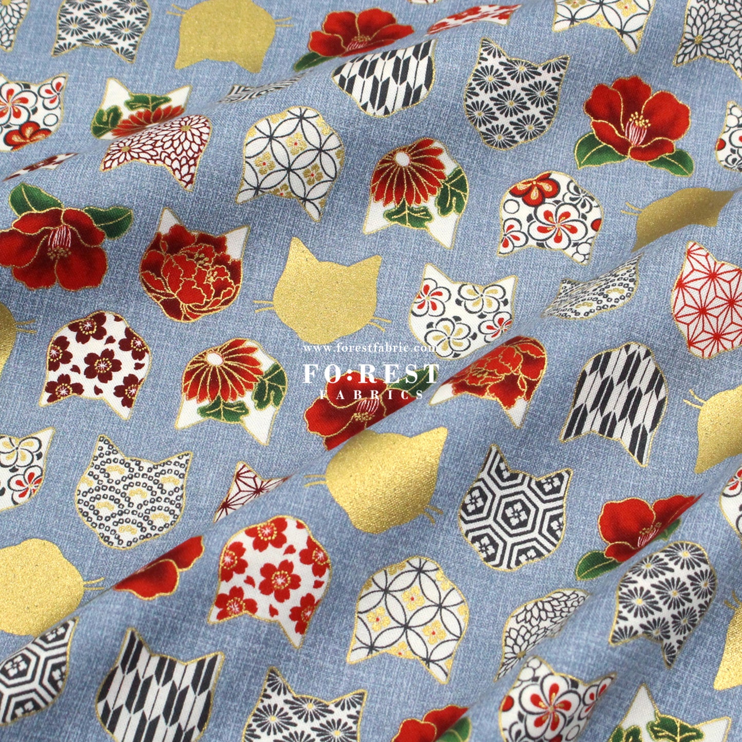 cotton - Tsubaki flower cat fabric Bluegray