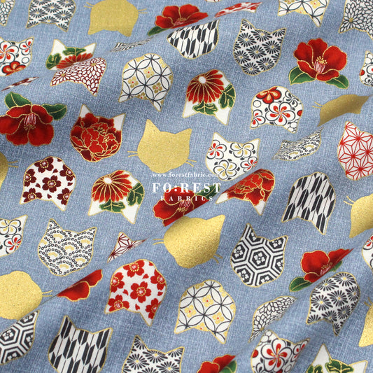 cotton - Tsubaki flower cat fabric Bluegray