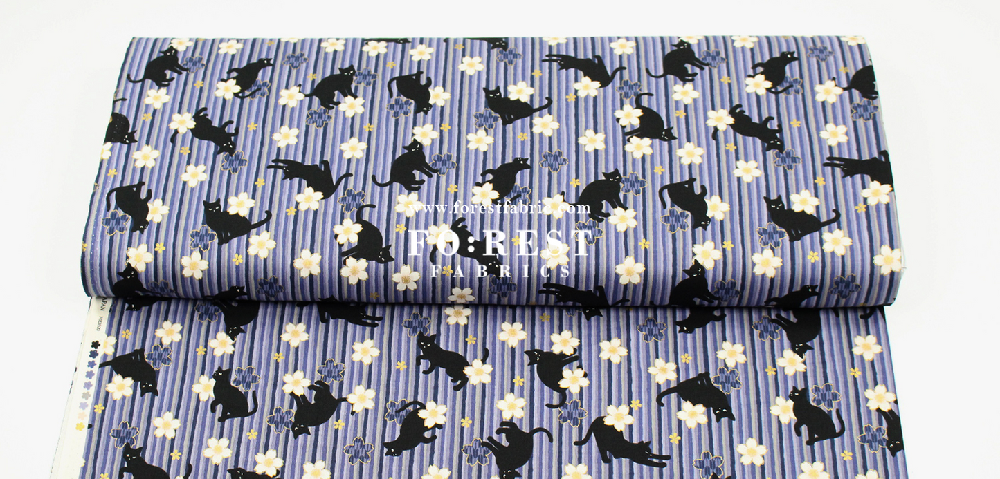 cotton - Sakura Strip cat fabric Purple
