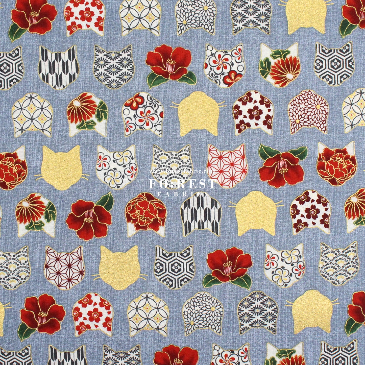 cotton - Tsubaki flower cat fabric Bluegray