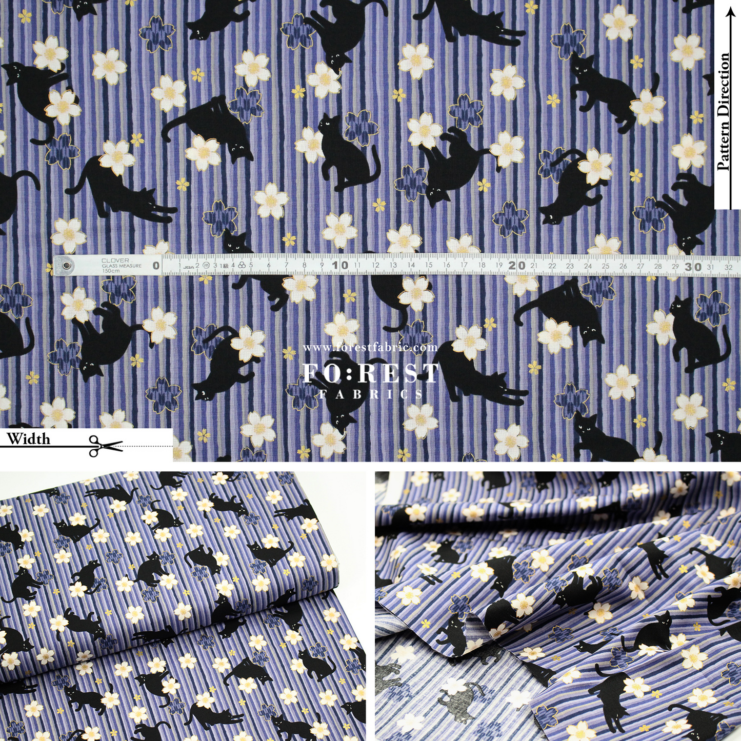 cotton - Sakura Strip cat fabric Purple