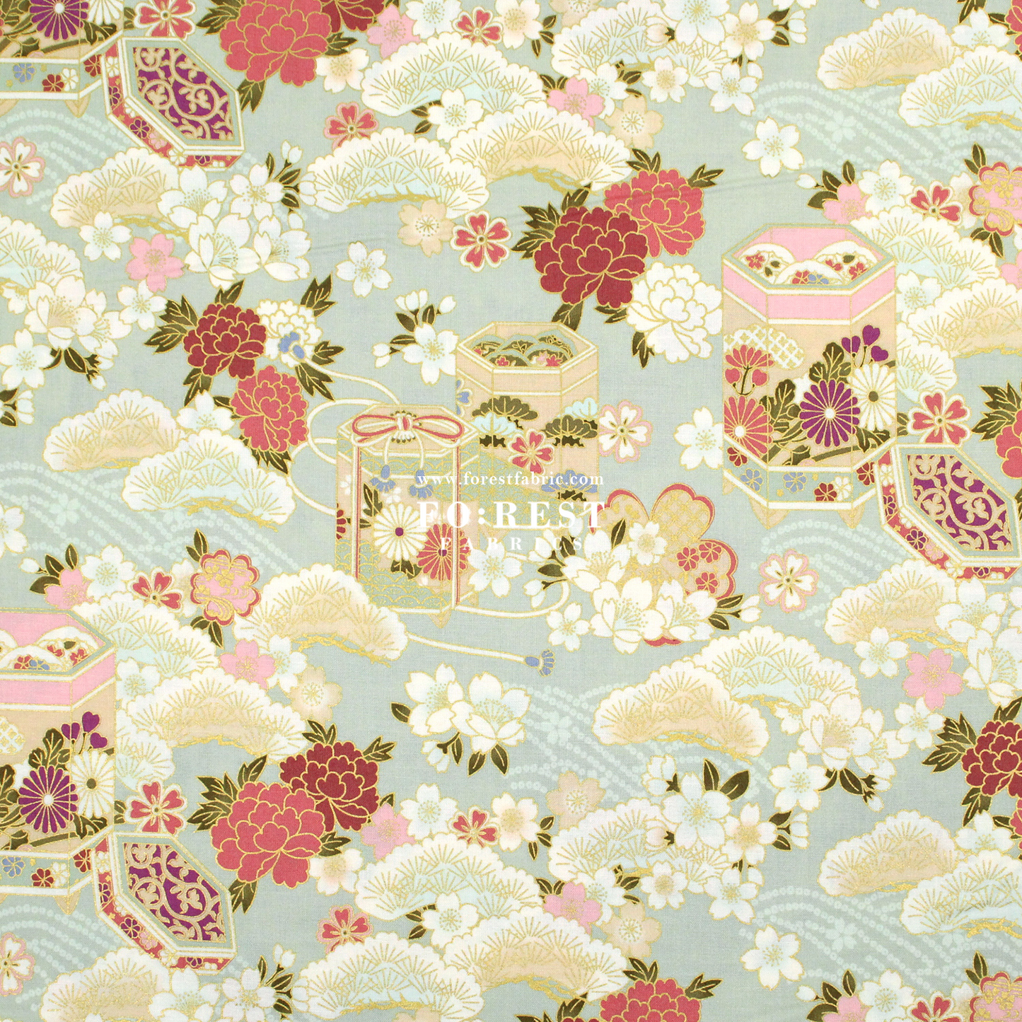 cotton - Cherry blossom Gift Box fabric Light Green