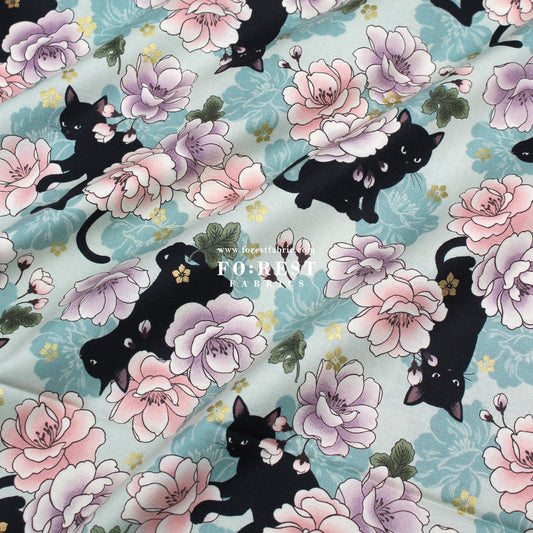 cotton - Peony cat fabric Mint