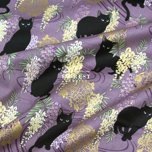 cotton - Wisteria flower cat fabric Purple