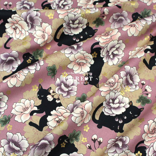 cotton - Peony cat fabric Dusty Pink