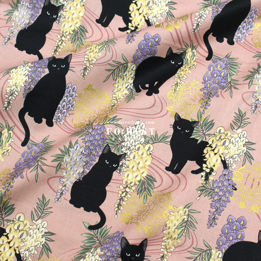 cotton - Wisteria flower cat fabric Dusty Pink