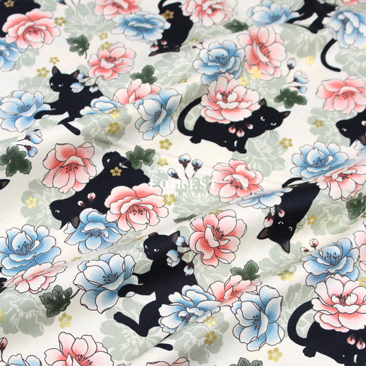 cotton - Peony cat fabric Cream