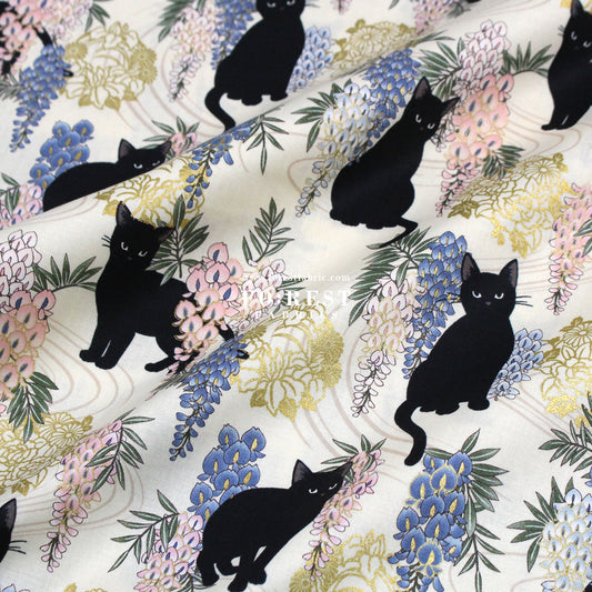 cotton - Wisteria flower cat fabric Cream