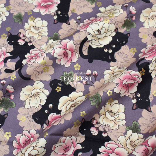 cotton - Peony cat fabric Purple