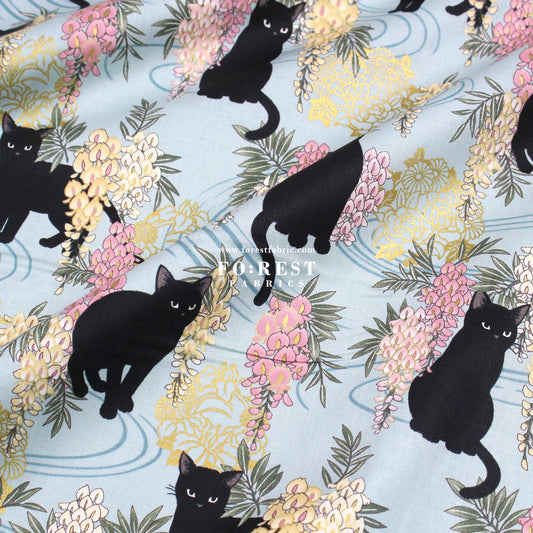 cotton - Wisteria flower cat fabric Mint