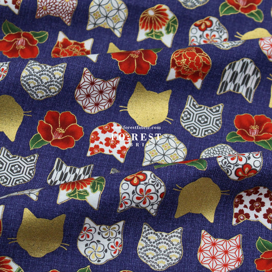 cotton - Tsubaki flower cat fabric Navy