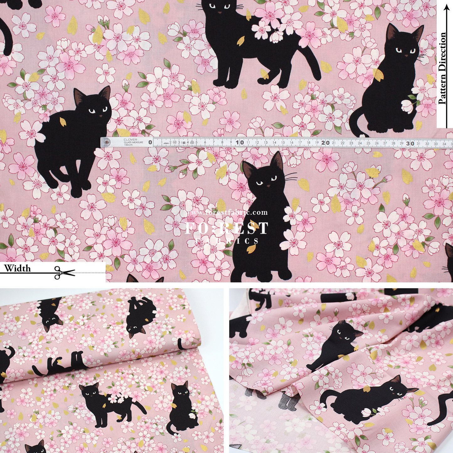 cotton - Sakura Blooms cat fabric Pink