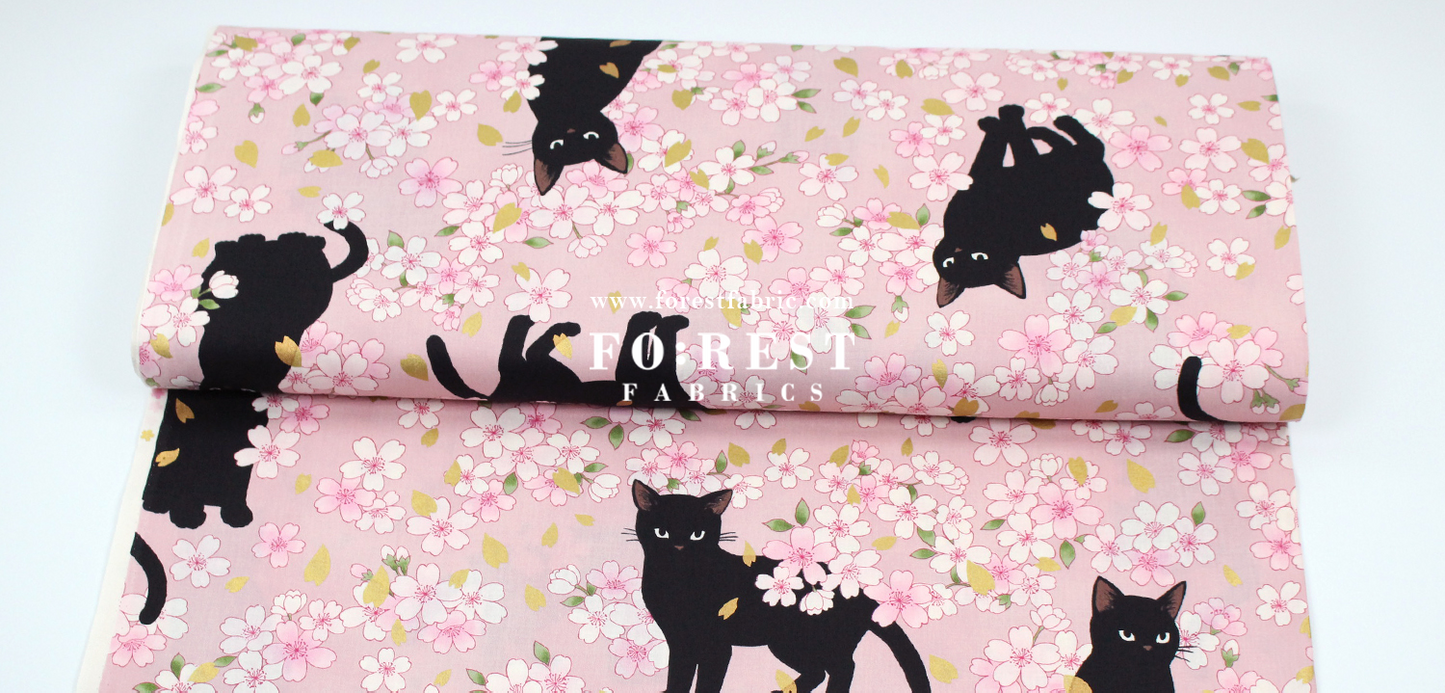 cotton - Sakura Blooms cat fabric Pink
