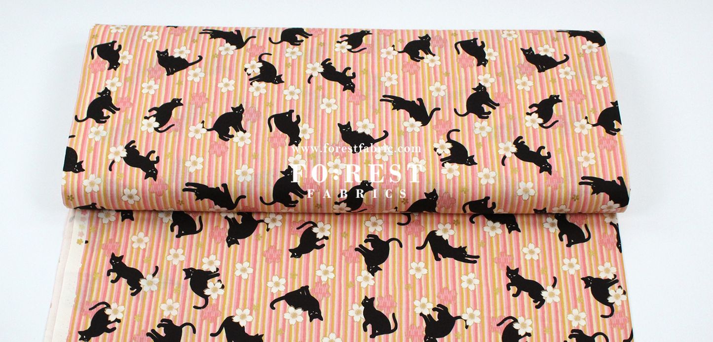 cotton - Sakura Strip cat fabric Pink