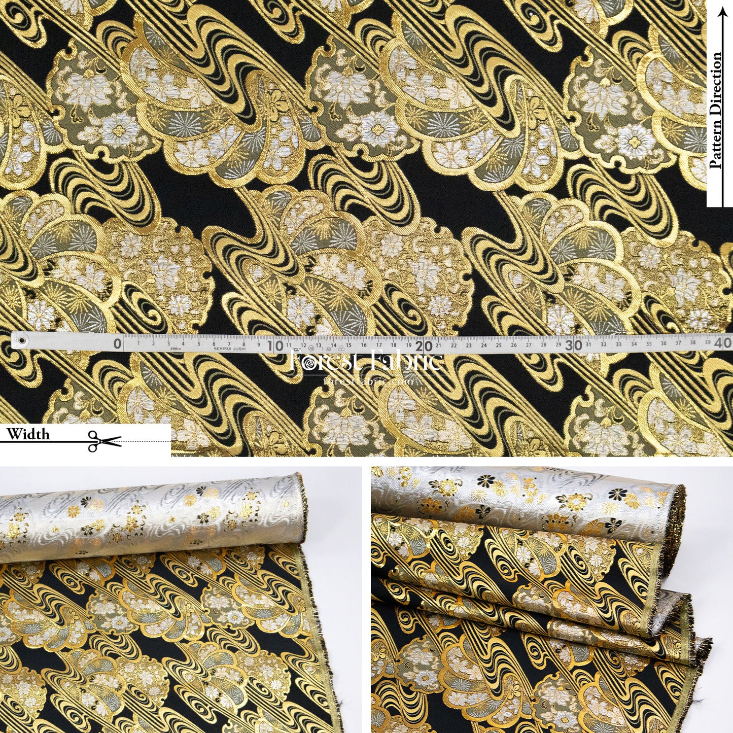 Gold Brocade - Shimmering Currents Floral fabric Black