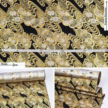 Gold Brocade - Shimmering Currents Floral fabric Black