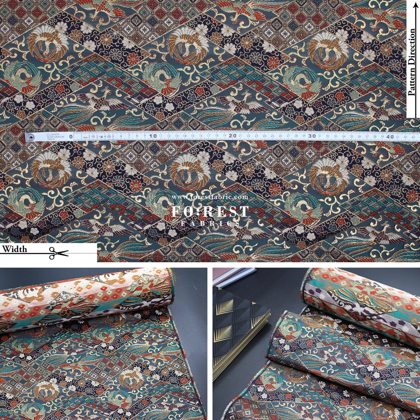 Gold Brocade - Phoenix fabric BlueGreen