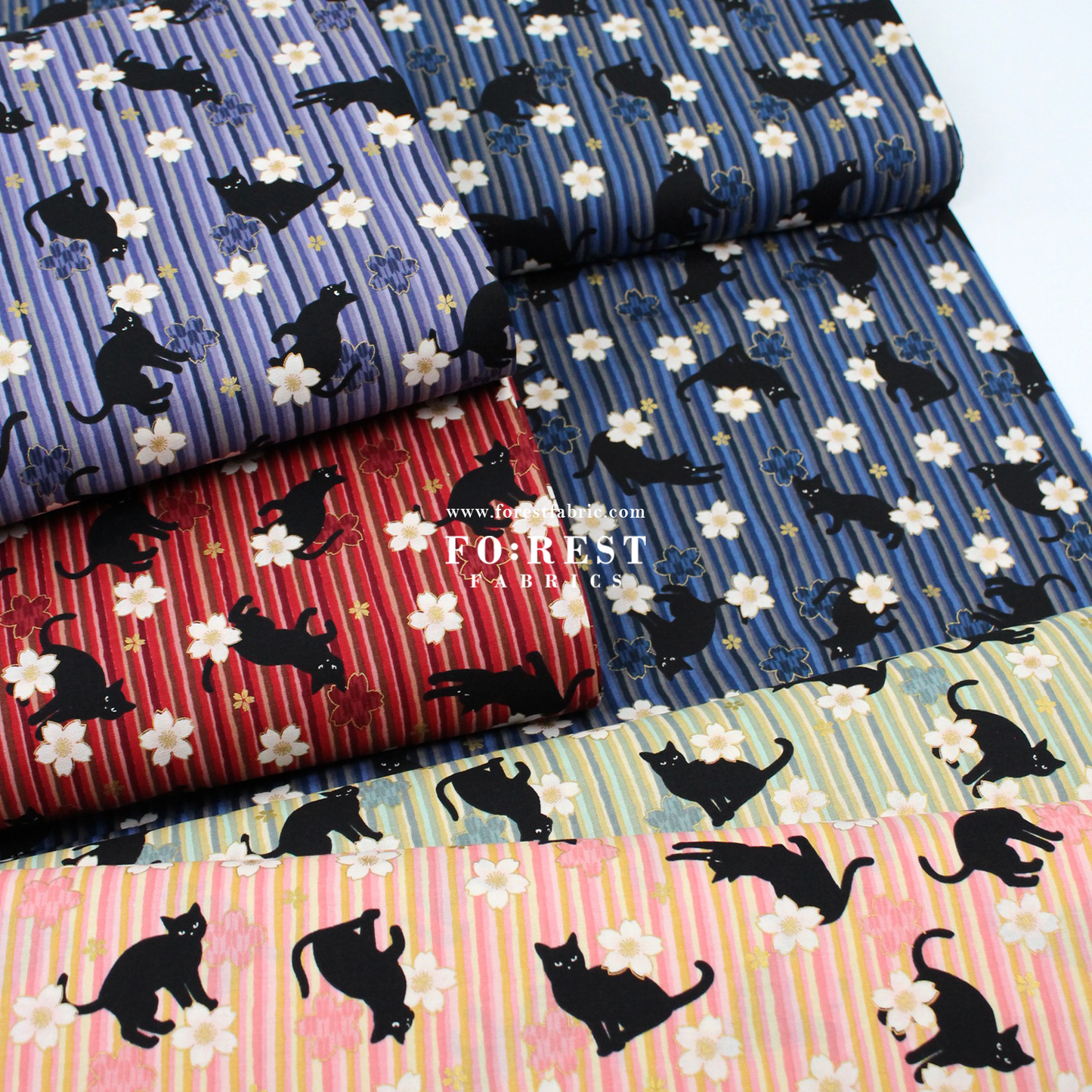 cotton - Sakura Strip cat fabric Navy