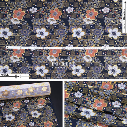 Gold Brocade - Sakura Flower fabric Navy