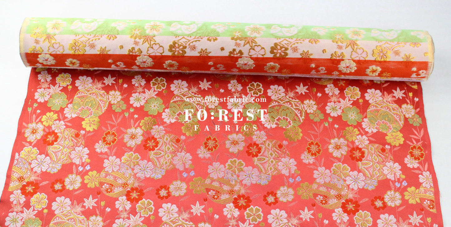 Gold Brocade - Sakura ball flower fabric LightRed