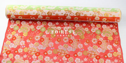 Gold Brocade - Sakura ball flower fabric LightRed