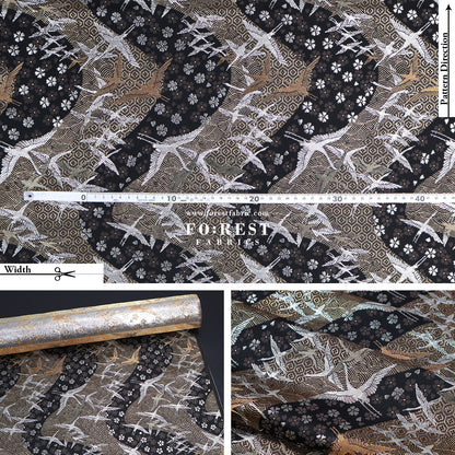 Gold Brocade - One thousand cranes fabric Black
