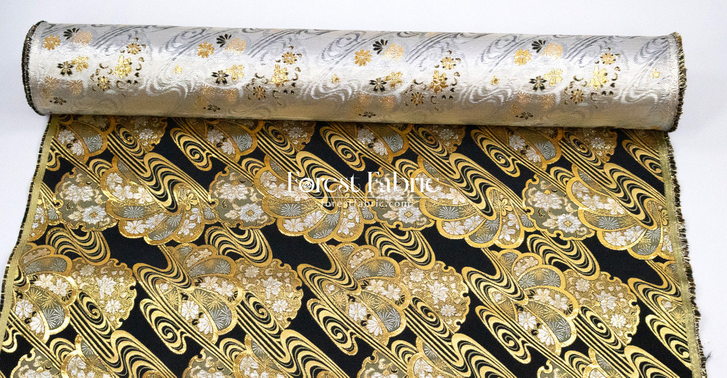 Gold Brocade - Shimmering Currents Floral fabric Black