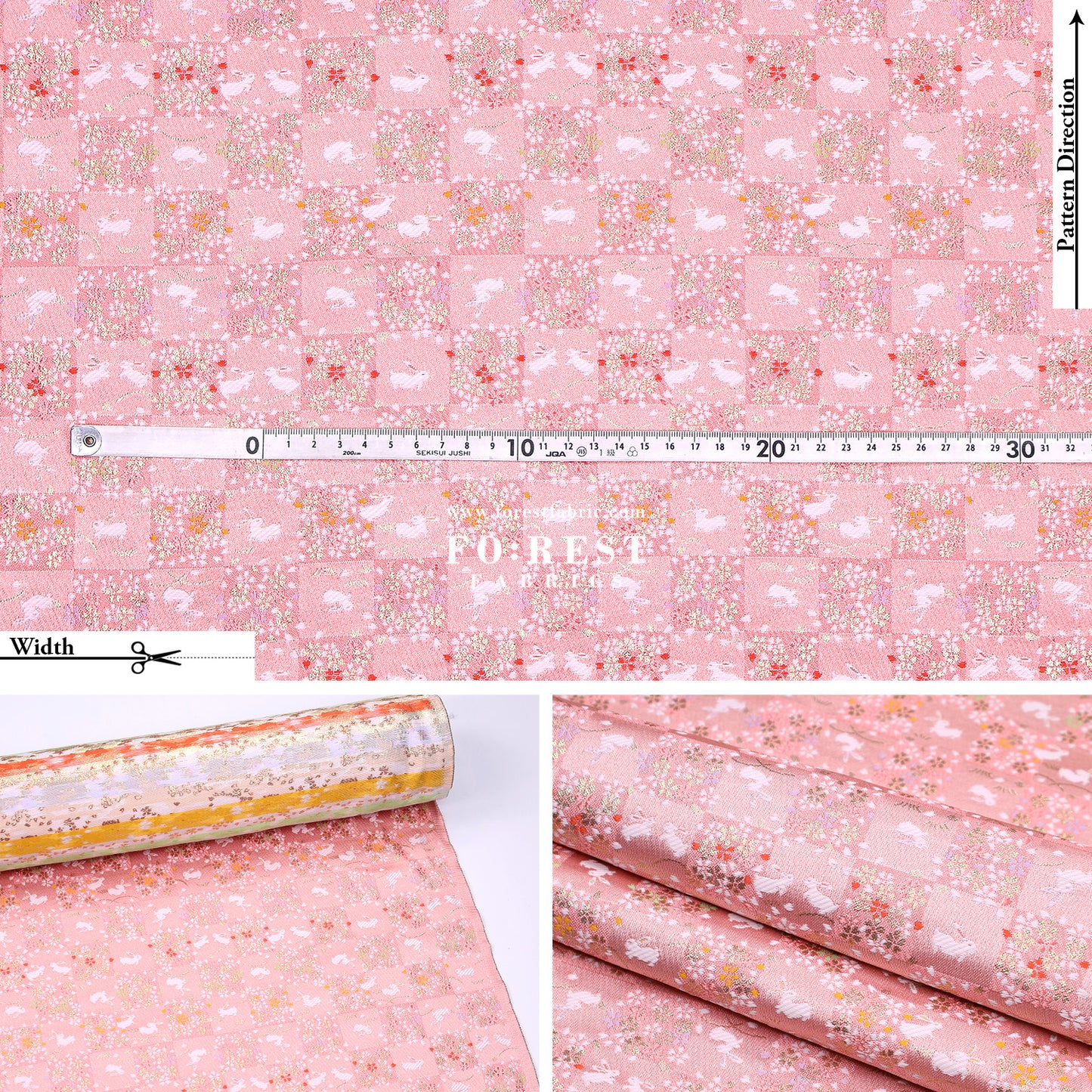 Gold Brocade - Rabbit Flower Grid fabric Pink