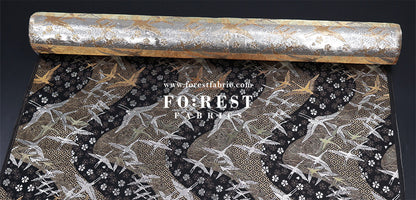 Gold Brocade - One thousand cranes fabric Black