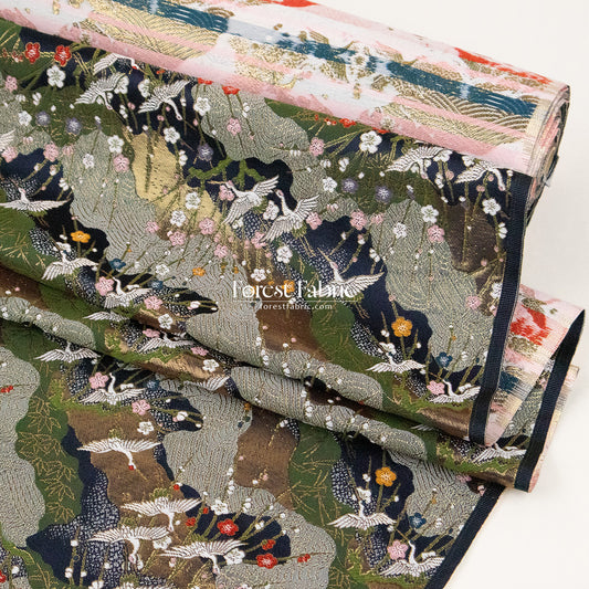 Gold Brocade - Crane Flower Cloud fabric navy
