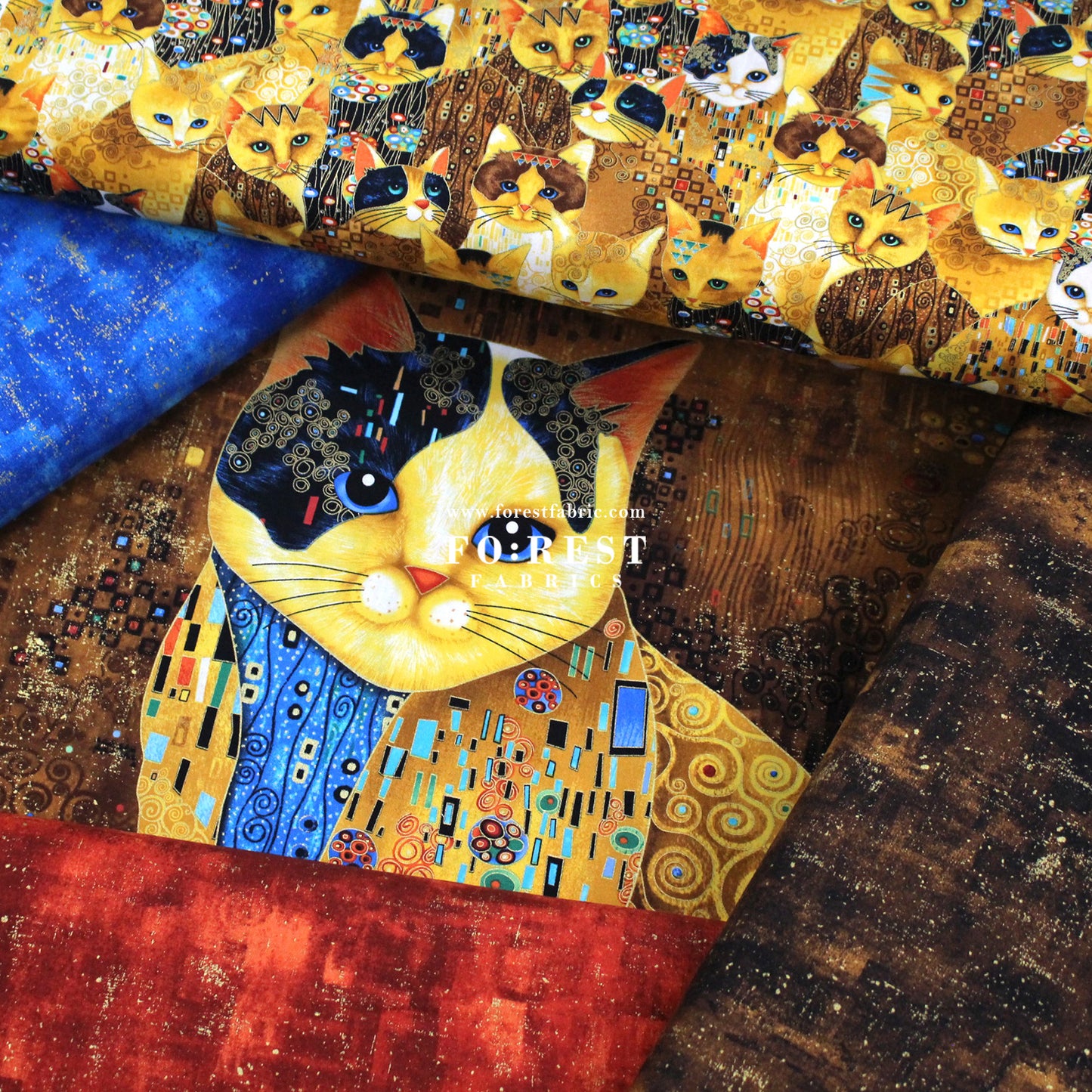 cotton - Golden Scratched Cats fabric Rust