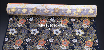 Gold Brocade - Sakura Flower fabric Navy