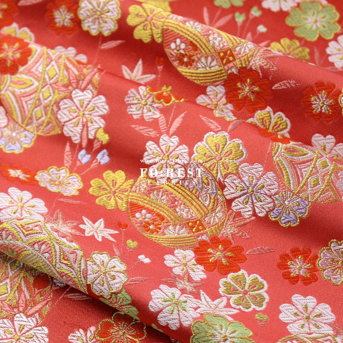 Gold Brocade - Sakura ball flower fabric LightRed