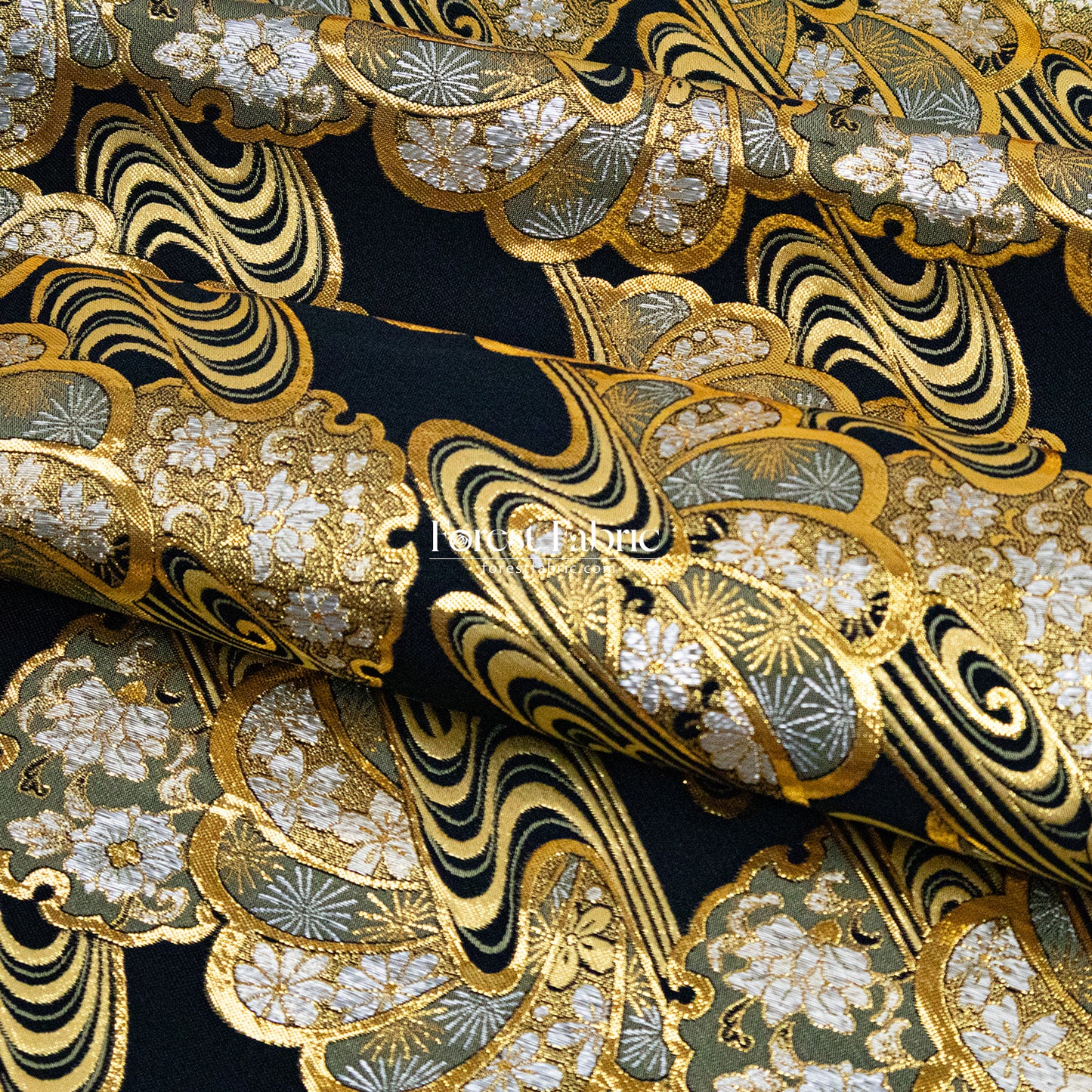 Gold Brocade - Shimmering Currents Floral fabric Black