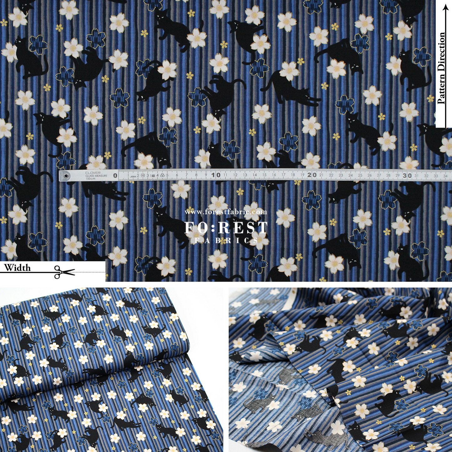 cotton - Sakura Strip cat fabric Navy