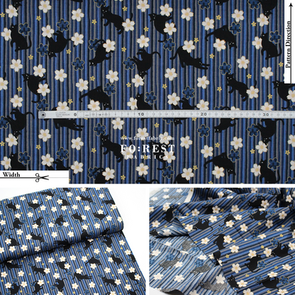 cotton - Sakura Strip cat fabric Navy