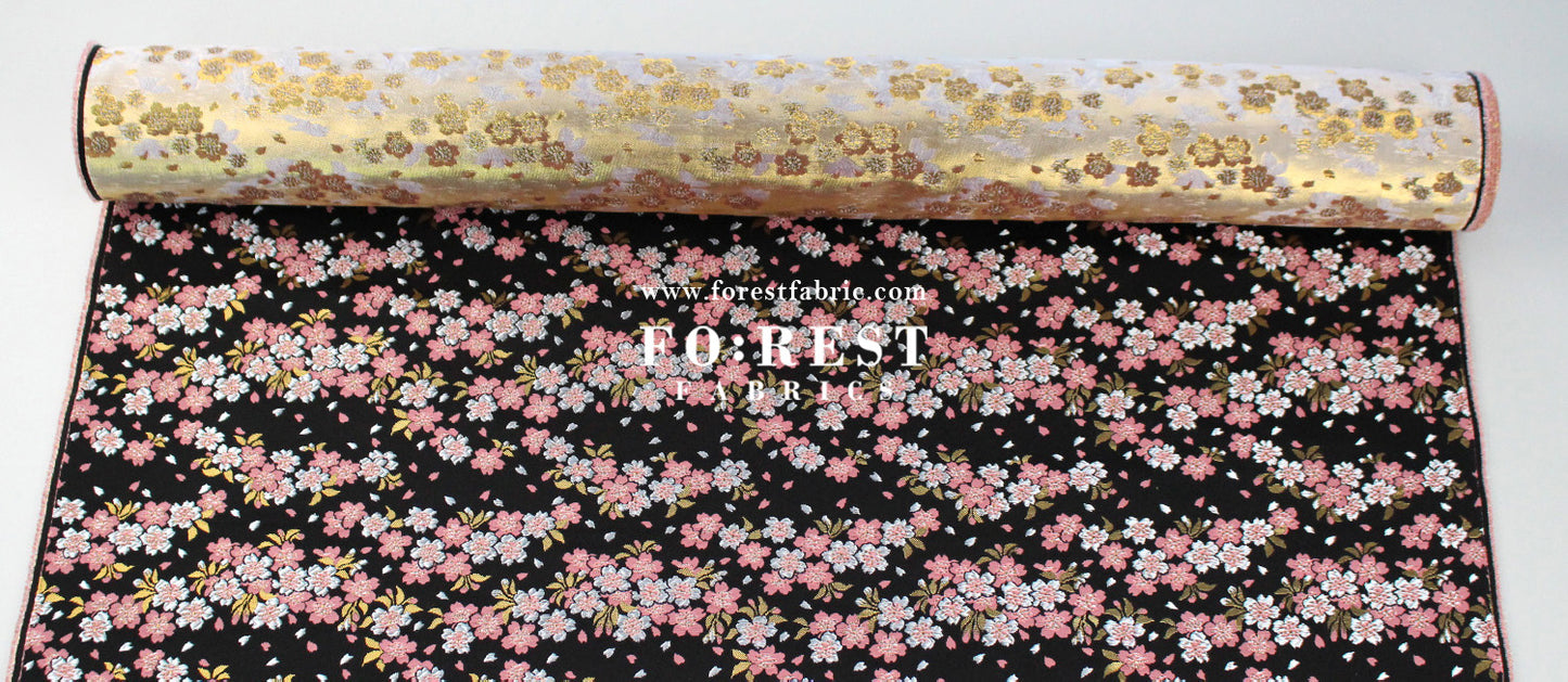 Gold Brocade - Flowing Sakura fabric Black