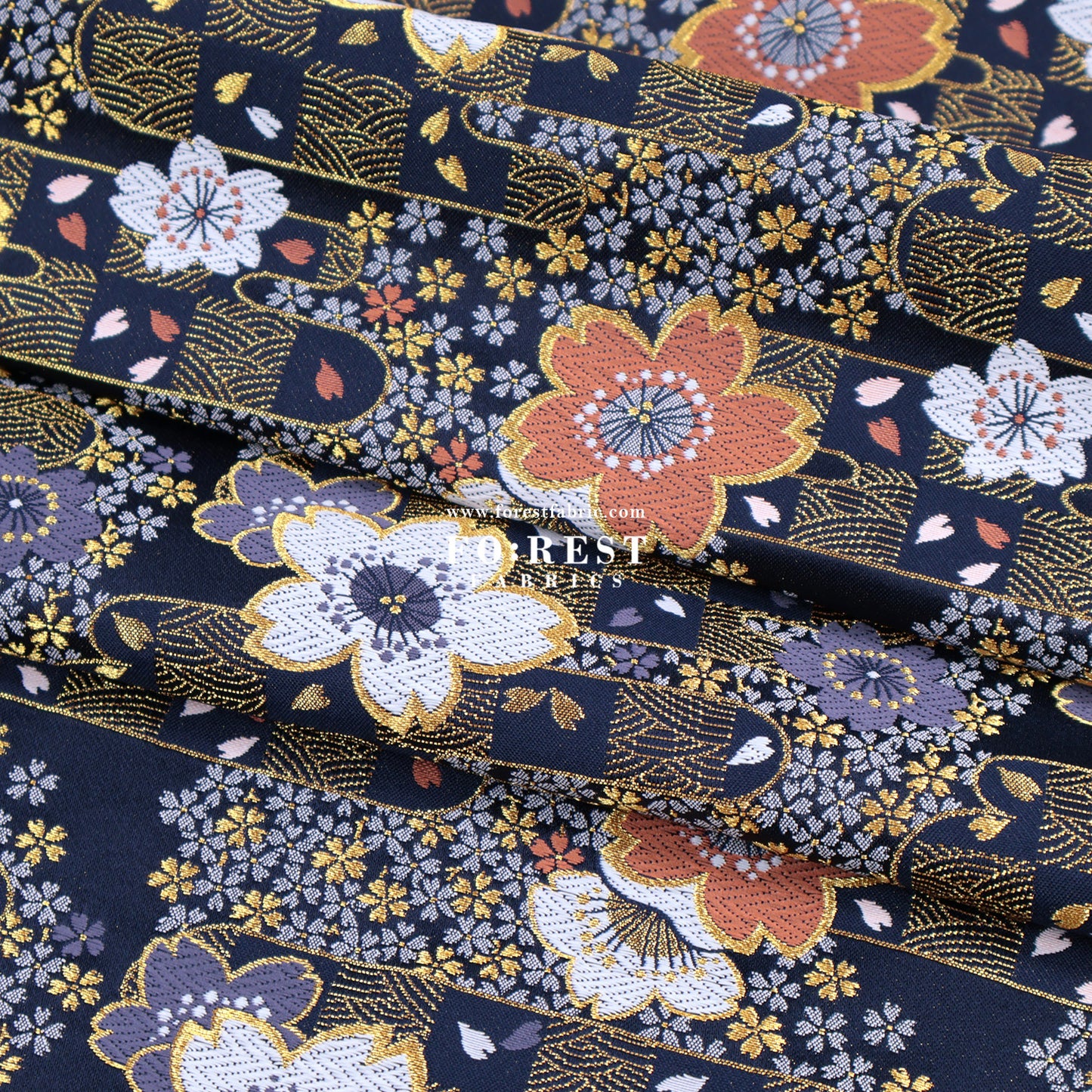 Gold Brocade - Sakura Flower fabric Navy