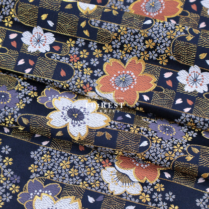 Gold Brocade - Sakura Flower fabric Navy