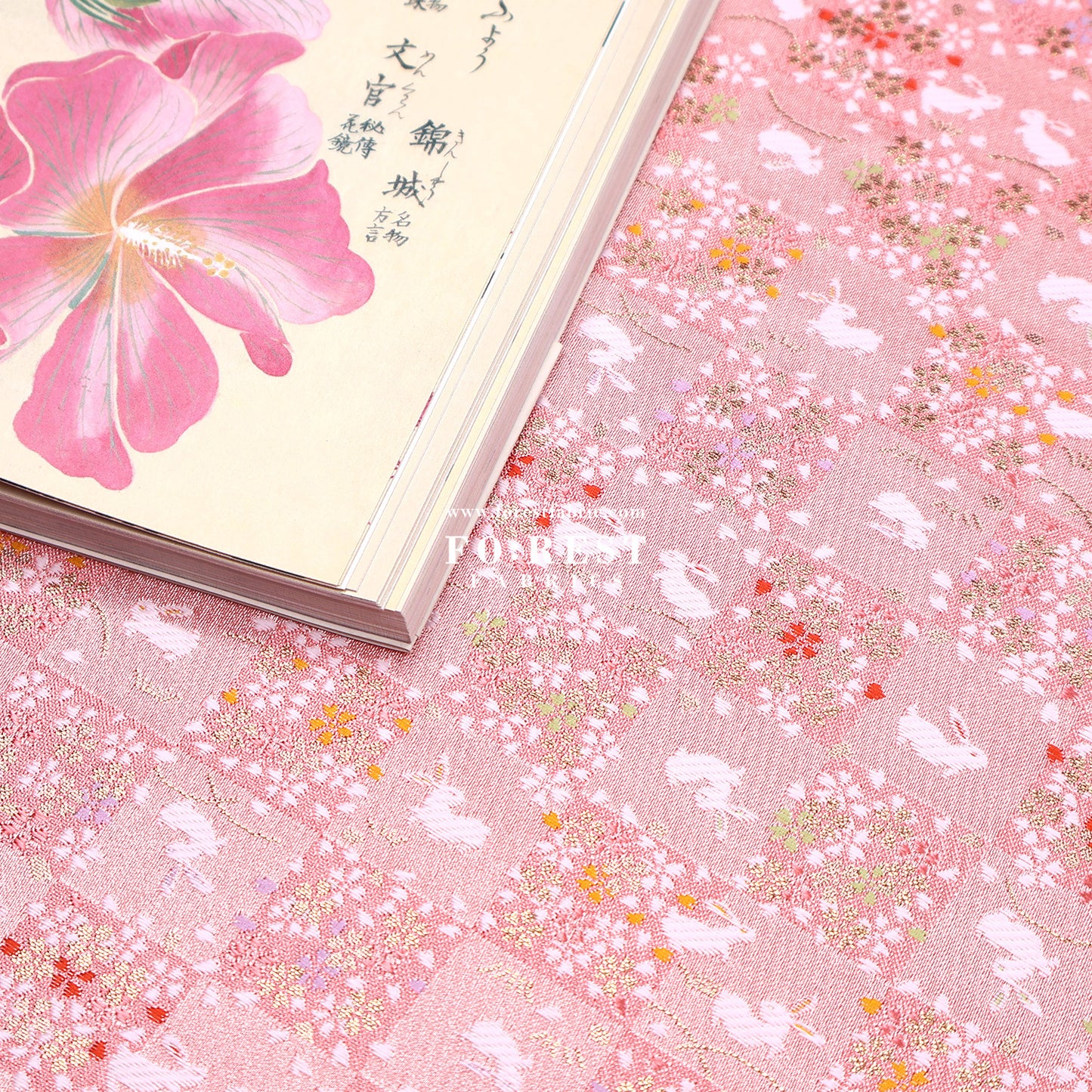 Gold Brocade - Rabbit Flower Grid fabric Pink