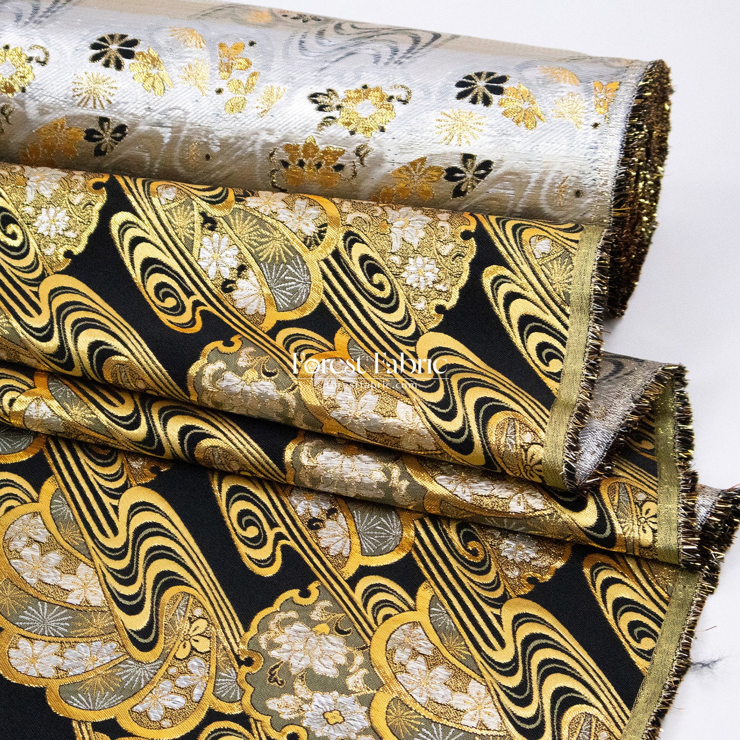 Gold Brocade - Shimmering Currents Floral fabric Black